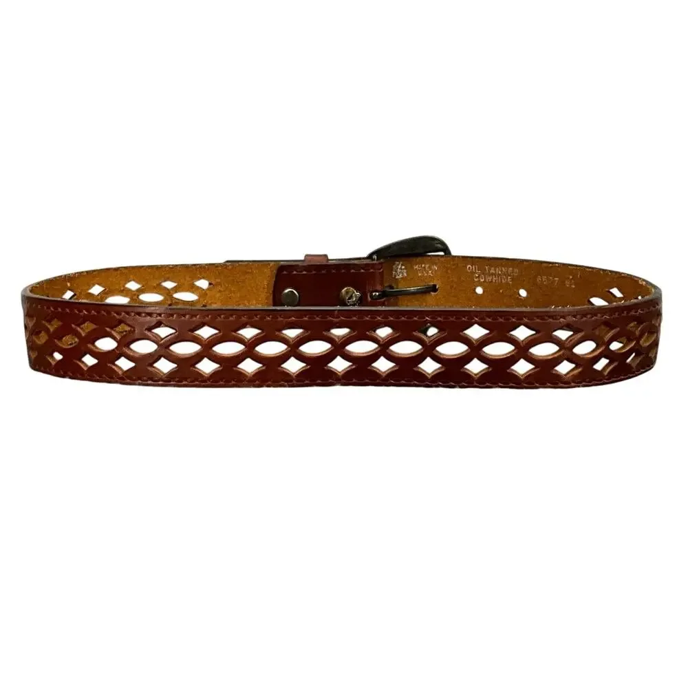 Vintage Brown Genuine Leather Belt Cut Out Tooled Women Large 27.5” - 31.5”